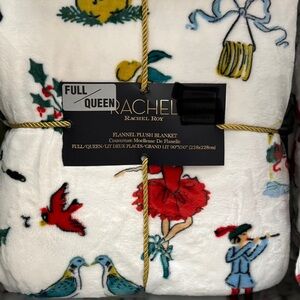 RACHEL Rachel Roy Holiday Flannel Blanket - White with Multicolor Design